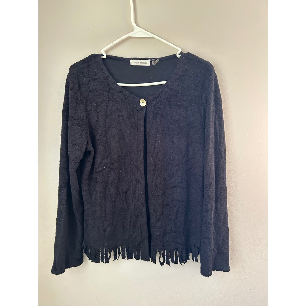 Trouble at the Mill‎ Black Textured Cardigan Fringe Women Soft Cozy Boho Layer